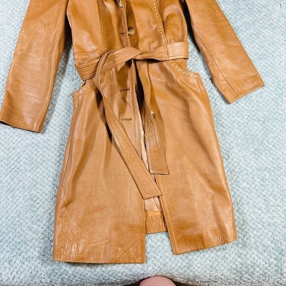 Beautiful Vintage Warm Brown 70s Leather Trench Coat Contrast Stitch LedaSpain - Picture 3 of 7